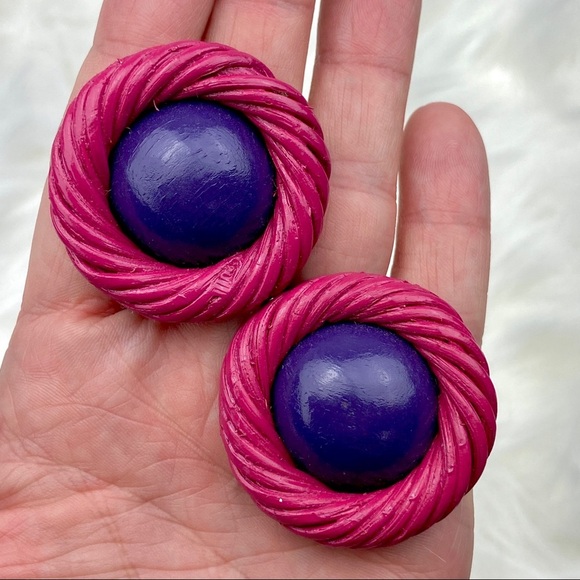 Vintage Jewelry - VINTAGE 80s Bold Colorful Oversized Button Earrings Woven Wooden Painted